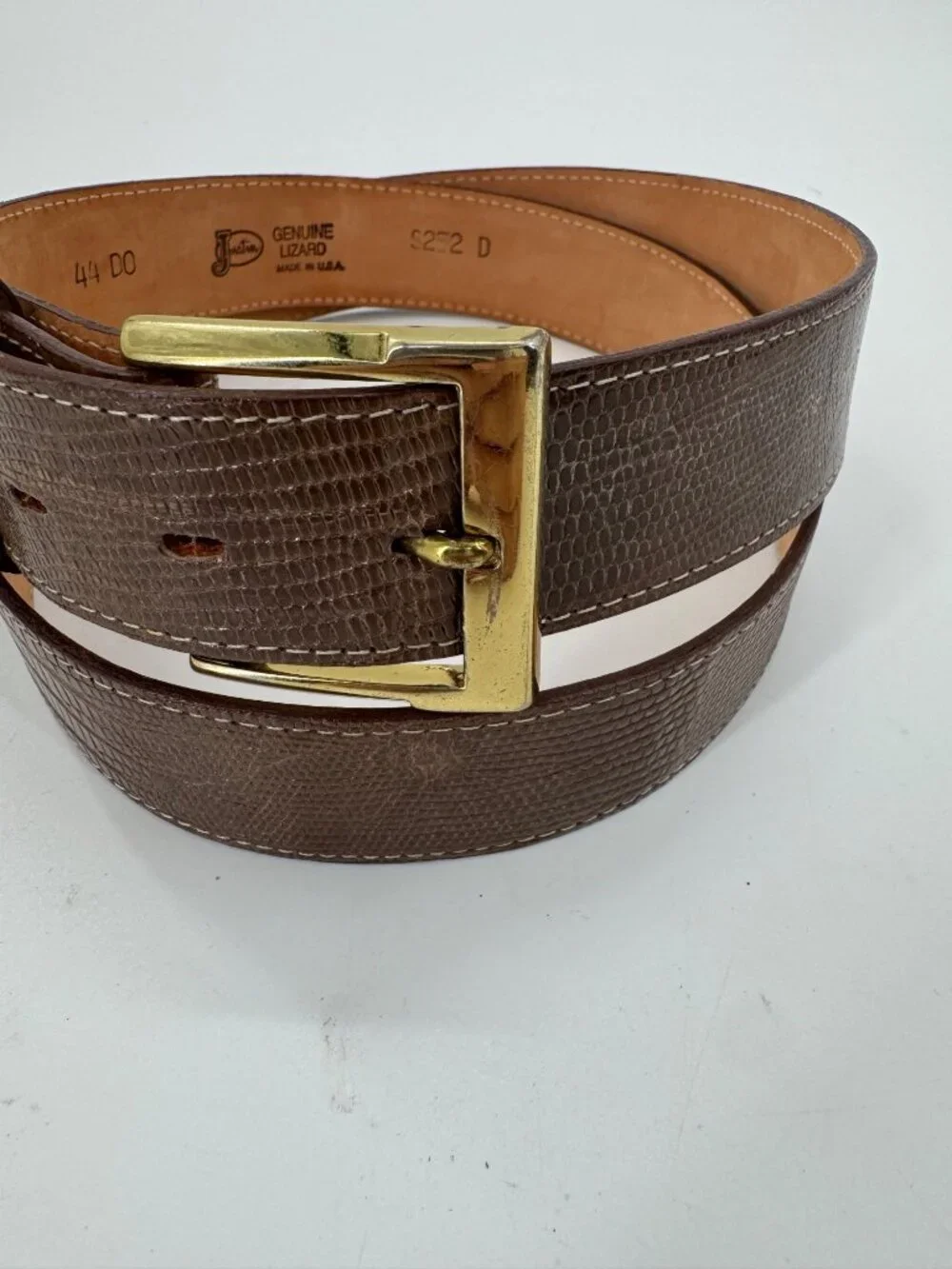 Justin Mens Genuine Lizard Leather Belt Brown Size 44 With Gold-Tone Buckle Made